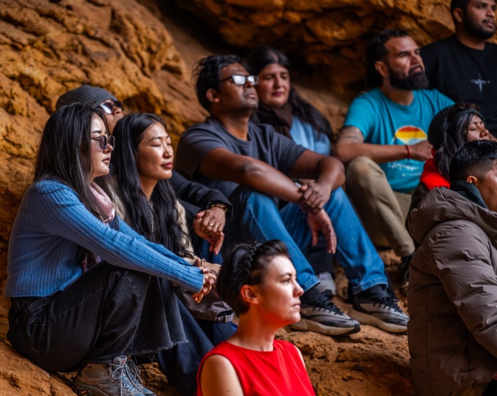 Suvd-Erdene (left) engaging in a mindfulness exercise with other scholars, John (in light blue t-shirt) and Alice Tamang, Indigenous Engagement Adviser, Australia Awards – South Asia & Mongolia during the visit.